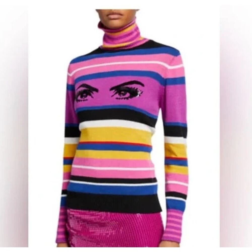 PINKO Multicolor Stripe Knit Mockneck Sweater with Sequin Eyes Made in Italy M